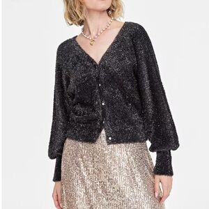 On 34th Grey and Gold Metallic Plush Knit Cardigan Size Medium